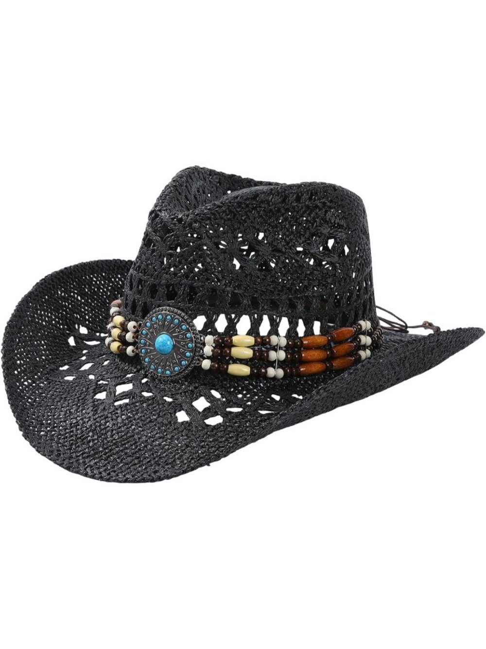 Unisex Black Beaded Band Wide Brim Breathable Western Straw Summer Cowgirl Hat